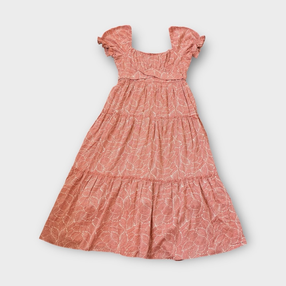 Trixxi Orange Palm Print Smocked Tiered Puff Sleeve Peasant Maxi Dress - Boho